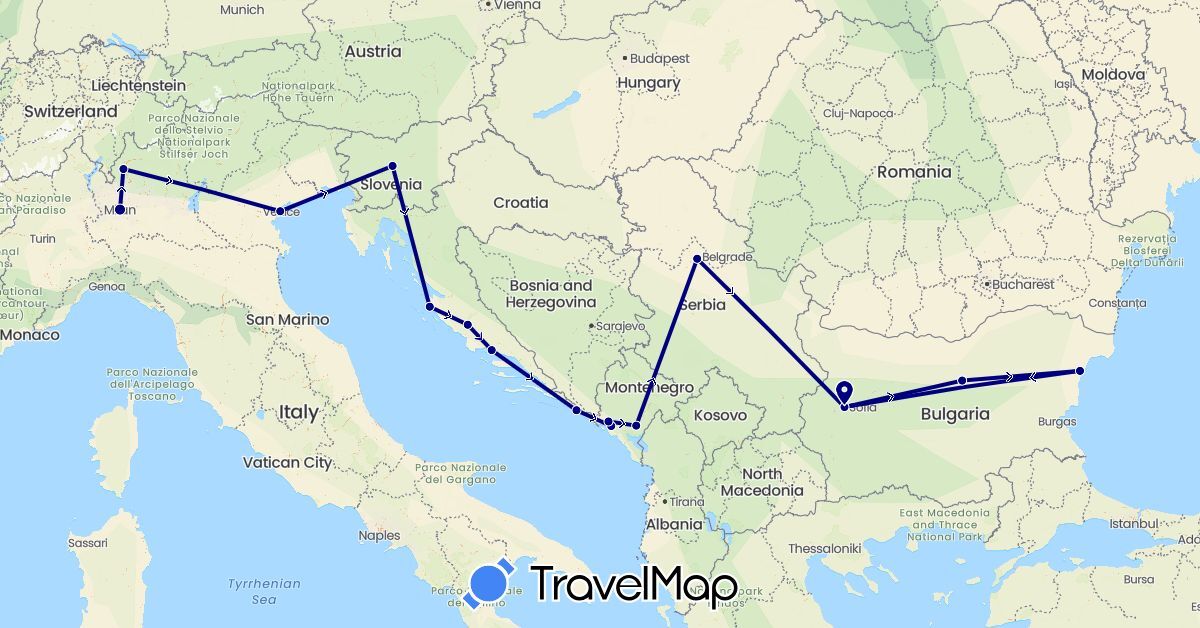 TravelMap itinerary: driving in Bulgaria, Croatia, Italy, Montenegro, Serbia, Slovenia (Europe)